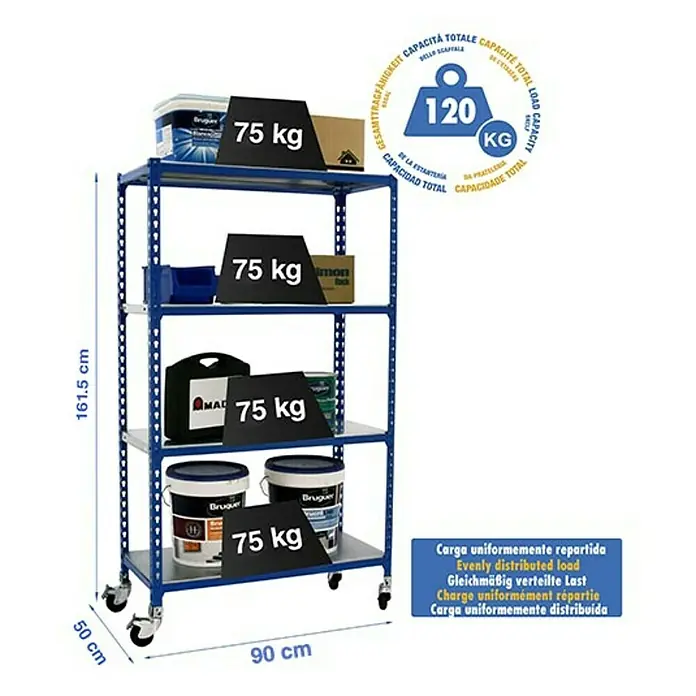 Simonrack Simonclick Estantería metálica Mobile - Al x An x Pr: 157,5 x 90 x 50 cm, Número de baldas: 4 ud., Inserción, Azul - Imagen de una estantería metálica azul de cuatro niveles con ruedas, cargada con botes de pintura y cajas, con indicaciones de peso.