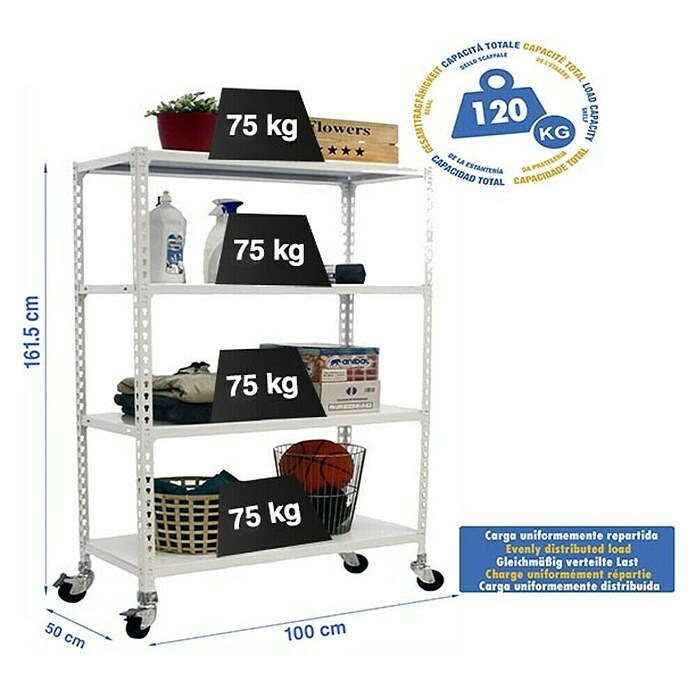 Simonrack Simonclick Estantería metálica Mobile Plus (Al x An x Pr: 157,5 x 100 x 50 cm, Capacidad de carga: 300 kg, Número de baldas: 4 ud., Inserción, Blanco) | BAUHAUS