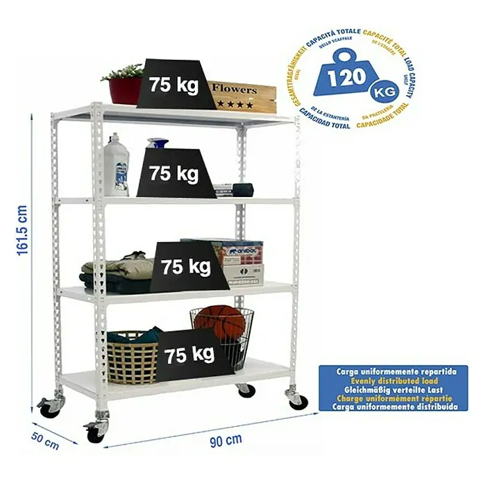 Simonrack Simonclick Estantería metálica Mobile - Al x An x Pr: 157,5 x 90 x 50 cm, Número de baldas: 4 ud., Inserción, Blanco - Estantería de cuatro niveles con capacidad de 120 kg, ideal para almacenamiento y organización.