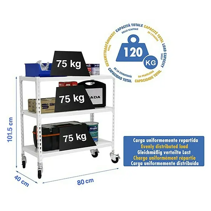 Simonrack Simonclick Estantería metálica Mobile Mini - Al x An x Pr: 97,5 x 80 x 40 cm, Número de baldas: 3 ud., Inserción, Blanco - Carro de taller blanco con tres estantes que contienen herramientas y recipientes, que se muestra con indicaciones de peso y dimensiones.