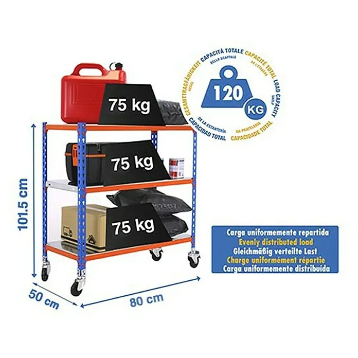 Simonrack Simonclick Estantería metálica Mobile Mini - Al x An x Pr: 90 x 80 x 50 cm, Número de baldas: 3 ud., Inserción, Azul/Naranja - Imagen de una estantería azul con tres niveles, cada uno cargado con 75 kg. La estantería está equipada con ruedas y tiene una altura total de 101,5 cm.