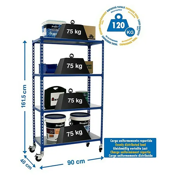 Simonrack Simonclick Estantería metálica Mobile Plus - Al x An x Pr: 157,5 x 100 x 40 cm, Número de baldas: 4 ud., Inserción, Azul - Imagen de una estantería azul resistente con cuatro niveles y ruedas, cargada con botes de pintura y pesas. La estantería tiene una capacidad de carga de 120 kg.