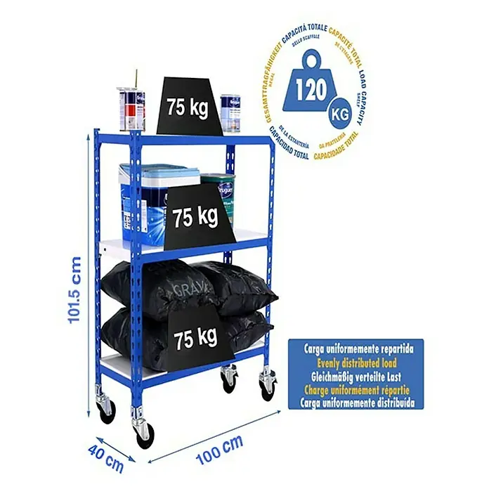 Simonrack Simonclick Estantería metálica Mobile Plus - Al x An x Pr: 97,5 x 100 x 40 cm, Número de baldas: 3 ud., Inserción, Azul/Blanco - Imagen del producto de una estantería metálica azul de tres niveles sobre ruedas, cargada con varios objetos e indicaciones de peso.
