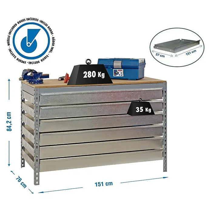 Simonrack Simonwork Banco de trabajo BT5 Box Mobile - L x An: 76 x 151 cm, Altura de trabajo: 91,7 cm, Carga soportada: 280 kg, Galvanizado - Imagen de un banco de trabajo con cajones, cargado con herramientas y pesos, incluyendo información dimensional.