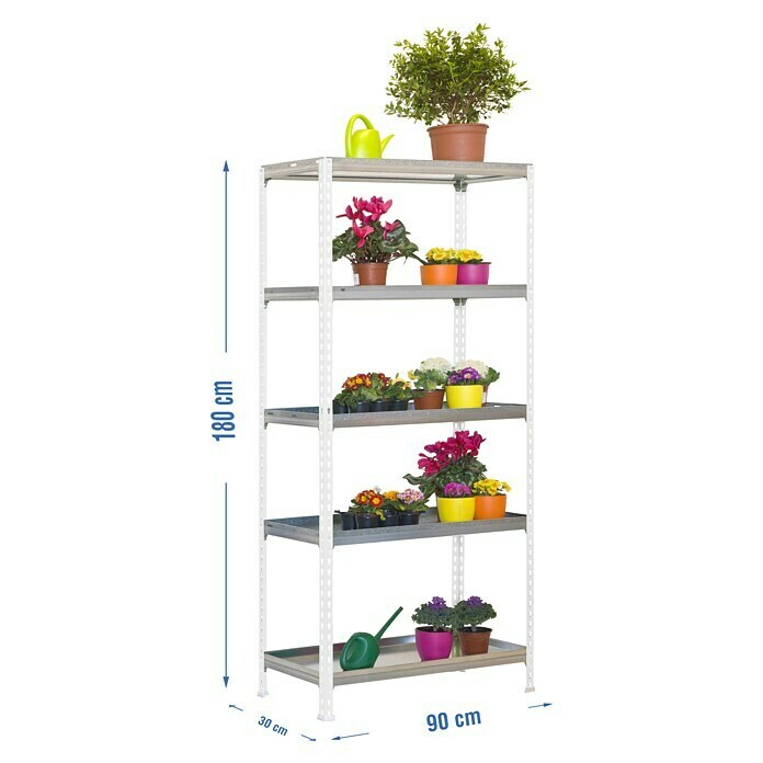 Simonrack Simongarden Estantería metálica Click (Al x An x Pr: 180 x 90 x 30 cm, Capacidad de carga: 900 kg, Número de baldas: 5 ud., Inserción, Blanco/Galvanizado) | BAUHAUS