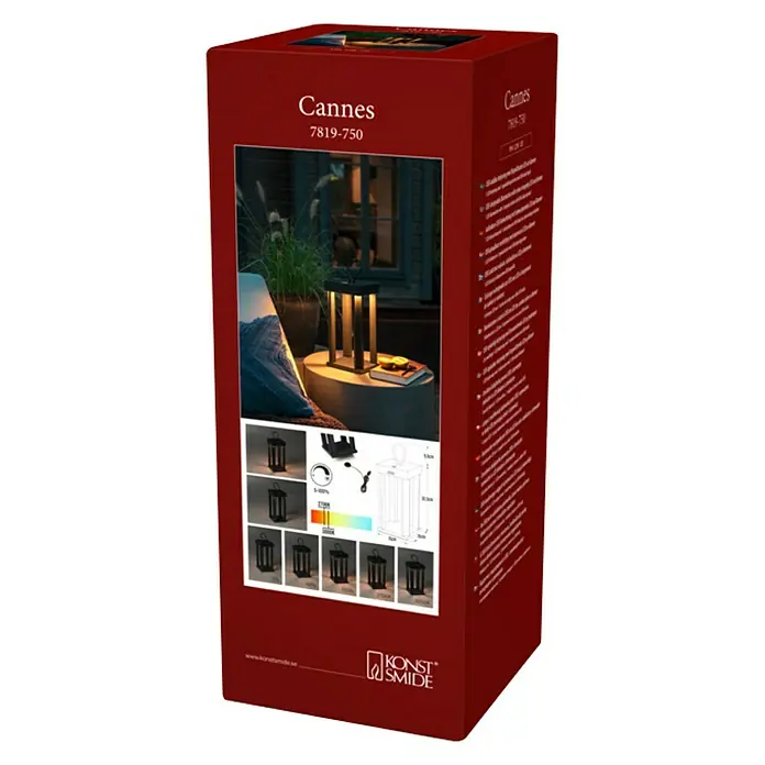 Konstsmide Außenlaterne Cannes - 15 x 15 x 42 cm, Schwarz - Das Bild zeigt eine Verpackung für die „Cannes 7819-750“-Laterne mit verschiedenen Beleuchtungsoptionen und Größenangaben.