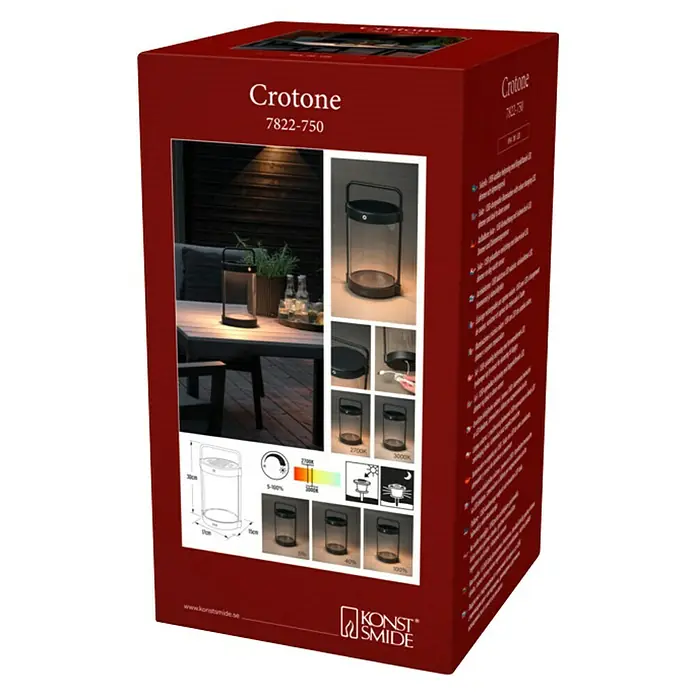 Konstsmide Außenlaterne Crotone - 17 x 15 x 30 cm, Schwarz - Produktverpackung der Crotone 7822-750 Laterne mit Produktbildern, technischen Details und Herstellerinformationen.