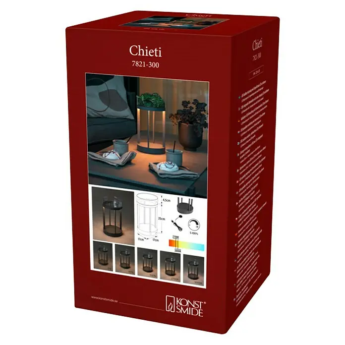 Konstsmide Außenlaterne Chieti - 17 x 17 x 25 cm, Grau - Produktverpackung der Chietti 7821-300 Tischleuchte mit Produktbild, technischen Details und Firmenlogo des Herstellers Konstsmide.