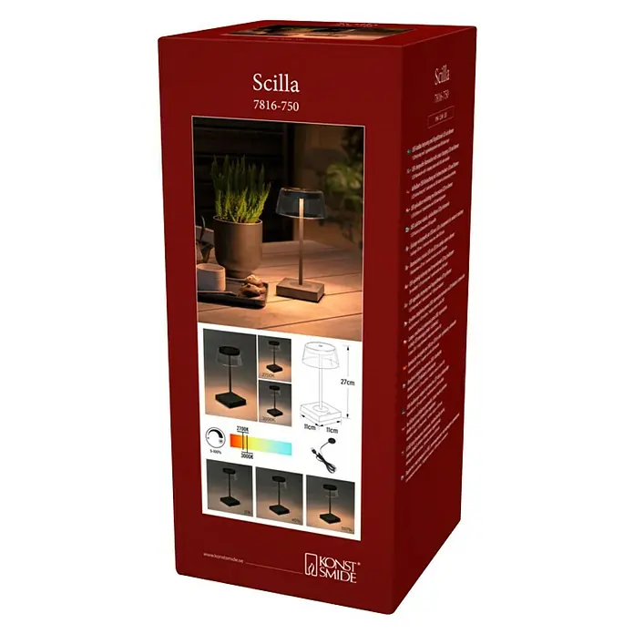 Konstsmide Akku-Tischleuchte Scilla - 2,5 W, L x B x H: 11 x 11 x 27 cm, Schwarz, Warmweiß - Ein roter Produktkarton für eine Tischlampe namens Scilla 7816-750 von Konstsmide. Die Lampe wird auf der Verpackung abgebildet.