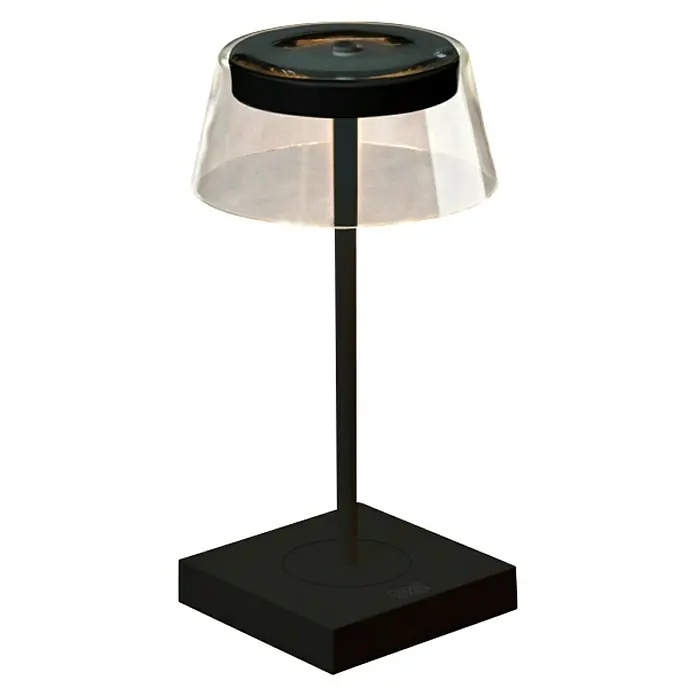 Konstsmide Akku-Tischleuchte Scilla - 2,5 W, L x B x H: 11 x 11 x 27 cm, Schwarz, Warmweiß - Elegante kabellose Tischleuchte mit transparentem Schirm und schwarzem Fuß, ideal für stimmungsvolle Beleuchtung.