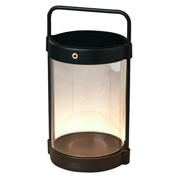 Konstsmide Außenlaterne Crotone - 17 x 15 x 30 cm, Schwarz - Abbildung einer eleganten, zylinderförmigen LED-Laterne mit Tragegriff und warmem Licht, ideal für stimmungsvolle Beleuchtung.