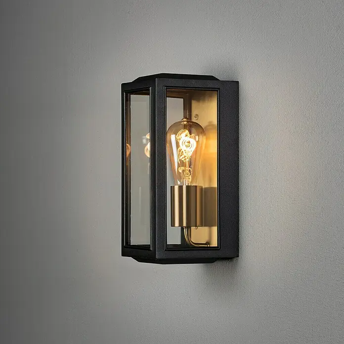 Konstsmide Außenwandleuchte Carpi - 60 W, 15 x 12,5 x 30 cm, Schwarz, Gold, IP44 - Elegante Wandleuchte mit schwarzem Rahmen und warmem Lichtschein, ideal für stilvolle Innen- und Außenbereiche.
