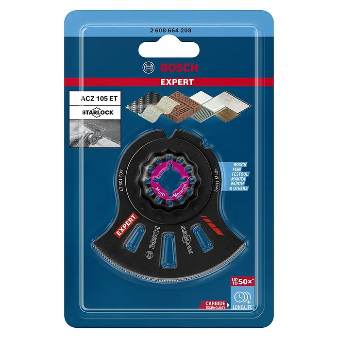 Bosch Segmentsägeblatt Multimaterial ACZ 105 ET - Durchmesser: 105 mm, Geeignet für: Holzwerkstoffe - Das Bild zeigt eine Bosch Expert ACZ 105 ET Starlock-Multifunktionssägeblattverpackung mit Hartmetalltechnologie für lange Lebensdauer.