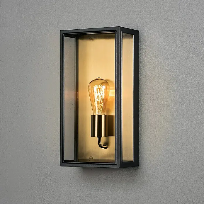 Konstsmide Außenwandleuchte Carpi - 60 W, 12,5 x 20,5 x 40 cm, Schwarz, IP44 - Wandleuchte mit einem schwarzen Rahmen, goldenem Hintergrund und einer Edison-Glühbirne für stimmungsvolle Beleuchtung.