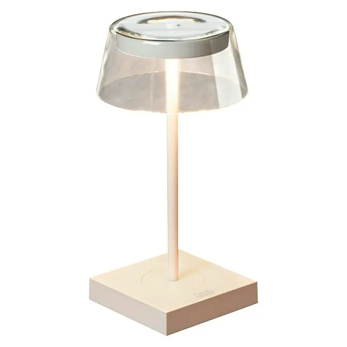 Konstsmide Akku-Tischleuchte Scilla - 2,5 W, L x B x H: 11 x 11 x 27 cm, Weiß, Warmweiß - Elegante Tischleuchte mit klarem Lampenschirm und hellem, modernem Design, perfekt für jeden Raum.