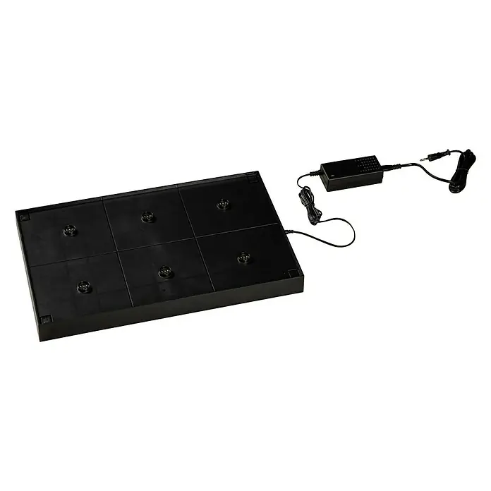 Konstsmide Ladestation für USB-Tischleuchten - 6 Ladeplätze - Schwarze Präsentationsbasis mit 6 Fächern und Netzteil. Ideal zum Ausstellen von Sammlerstücken und kleinen Produkten.