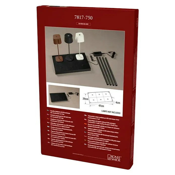 Konstsmide Ladestation für USB-Tischleuchten - 6 Ladeplätze - Verpackung für ein stapelbares USB-Nachtlampen-Set mit Ladepad, Transformator und vier Füßen. Lampen sind nicht enthalten.