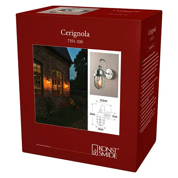Konstsmide Außenwandleuchte Cerignola - 60 W, 31 x 14 x 21,5 cm, Silber, IP44 - Produktverpackung für eine "Cerignola" Wandleuchte (Modell 7351-320) von Konstsmide, mit Abbildungen und Maßangaben auf der Verpackung.