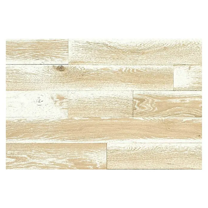 Wodewa Holzriemchen 1000 Shabby Look - 1.000 x 100 mm, Stärke: 3 mm - 6 mm, 10 Stk., 1 m² - Detailansicht einer Paneelholzverkleidung mit natürlicher Textur und hellem Anstrich, ideal für Innenräume.
