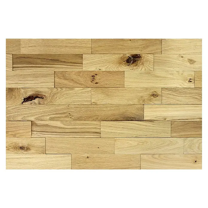 Wodewa Holzriemchen 200 Eiche rustikal - 100 Stk., L x B: 200 x 50 mm, 2 mm - 6 mm, Max. Anwendungsfläche: 1 m², Strukturiert UV-geölt - Helle Holzwandpaneele mit natürlicher Maserung und Astlöchern, ideal für eine rustikale Wandgestaltung.