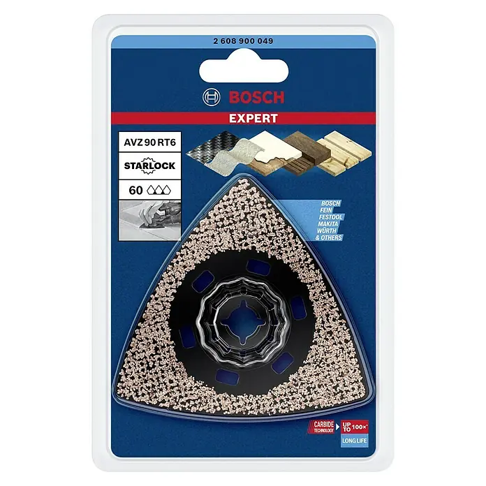Bosch Expert Delta-Schleifplatte AVZ 90 RT6 - L x B: 85 x 90 mm, Körnung: 60 - Das Bild zeigt eine Bosch EXPERT AVZ 90 RT6 Schleifplatte mit Starlock-Aufnahme, Körnung 60, für oszillierende Elektrowerkzeuge.