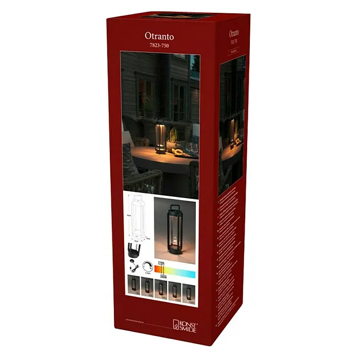 Konstsmide Außenlaterne Otranto - 15 x 15 x 44 cm, Schwarz - Produktverpackung der Otranto 7823-750 Laterne von Konstsmide. Diese wetterfeste Laterne bietet stimmungsvolles Licht für den Außenbereich.