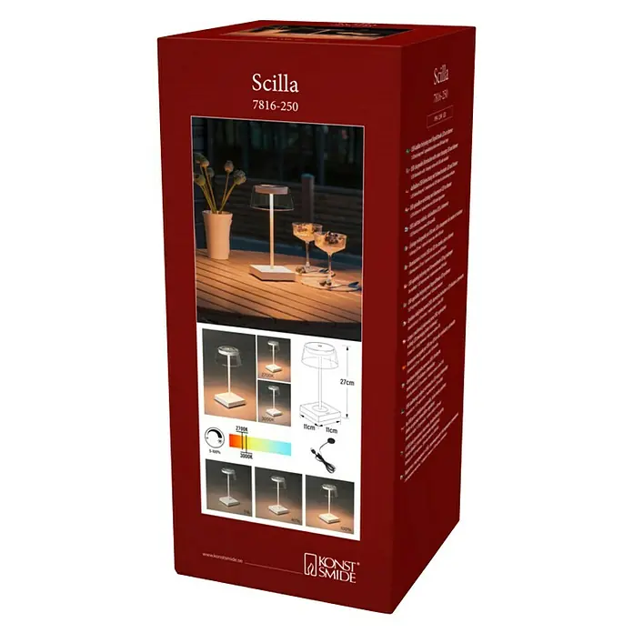 Konstsmide Akku-Tischleuchte Scilla - 2,5 W, L x B x H: 11 x 11 x 27 cm, Weiß, Warmweiß - Nahaufnahme der Produktverpackung einer Scilla Tischleuchte, die ihr Design und ihre Eigenschaften hervorhebt.