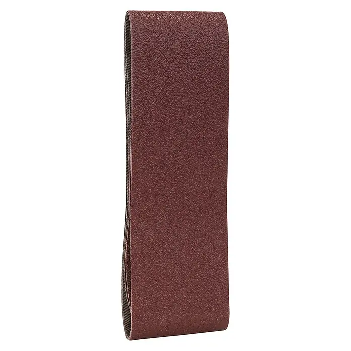Bosch Set de bandas de lija X440 Best for Wood and Paint - An x L: 60 x 400 mm, Grano: 60 mm - 100 mm, 3 ud. - Primer plano de una lija de banda, con una superficie abrasiva de color rojo oscuro diseñada para una eliminación eficaz de material.