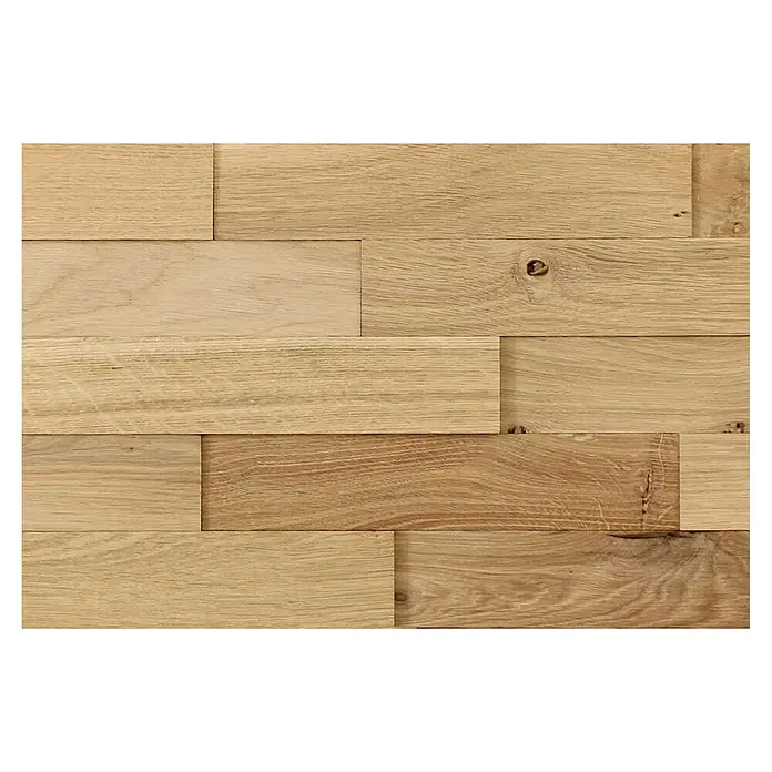 Wodewa Holzriemchen 400 Eiche rustikal - 400 x 80 mm, Stärke: 2 mm - 6 mm, Strukturiert unbehandelt, Selbsklebend - Nahaufnahme einer Wandverkleidung aus hellem Holz, die eine warme, natürliche Textur und ein rustikales Erscheinungsbild bietet.