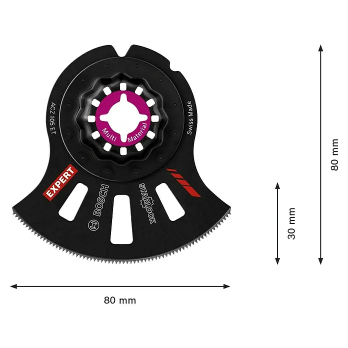 Bosch Segmentsägeblatt Multimaterial ACZ 105 ET - Durchmesser: 105 mm, Geeignet für: Holzwerkstoffe - Bosch Expert ACZ 105 ET Multifunktions-Sägeblatt mit Starlock-Aufnahme und den Maßen 80 mm Länge und 30 mm Breite.