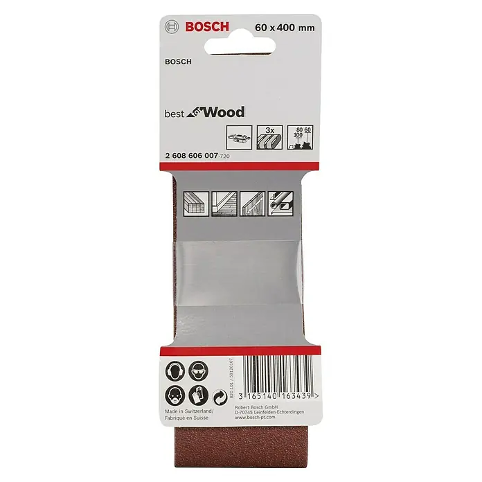 Bosch Set de bandas de lija X440 Best for Wood and Paint - An x L: 60 x 400 mm, Grano: 60 mm - 100 mm, 3 ud. - Bandas de lija Bosch "Best for Wood", 60 x 400 mm, para aplicaciones en madera. Ideal para lijar superficies de madera.