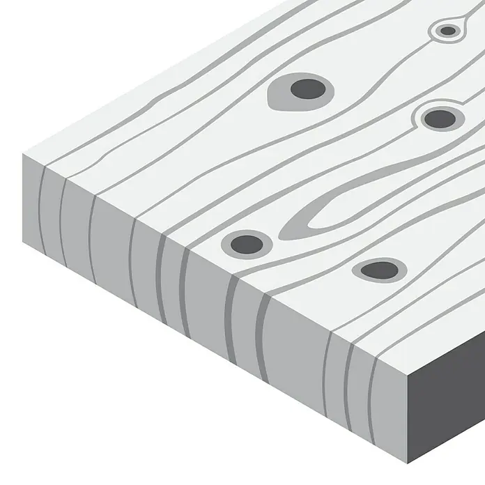 Bosch Set de bandas de lija X440 Best for Wood and Paint - An x L: 60 x 400 mm, Grano: 60 mm - 100 mm, 3 ud. - Primer plano de una tabla de madera que muestra nudos y vetas, ideal para texturas o gráficos de fondo.