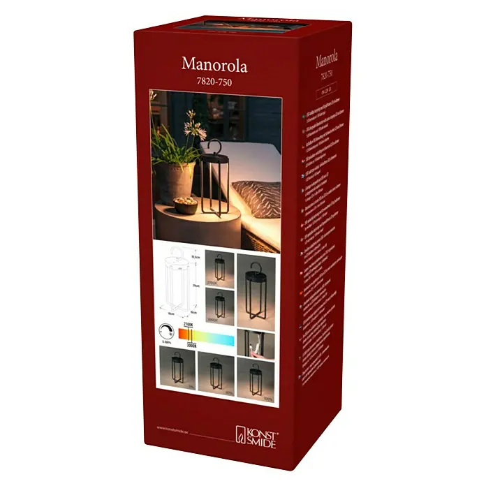 Konstsmide Außenlaterne Manorola - 15,5 x 15 x 39 cm, Schwarz - Verpackung der Manolora 7820-750 Laterne, einer stilvollen Outdoor-Leuchte mit einstellbarer Helligkeit und Farbtemperatur für eine angenehme Atmosphäre.