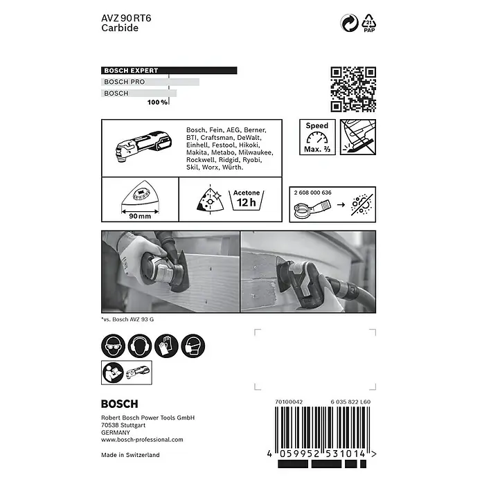 Bosch Expert Delta-Schleifplatte AVZ 90 RT6 - L x B: 85 x 90 mm, Körnung: 60 - Bild der Bosch AVZ 90 RT6 Carbide Schleifplatte mit Informationen zu Kompatibilität, Anwendung und Sicherheitshinweisen.