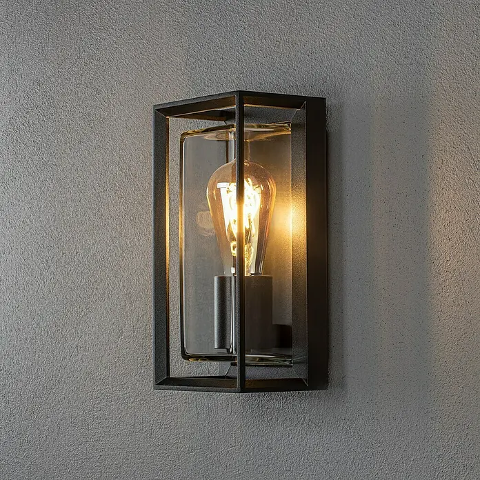 Konstsmide Außenwandleuchte Brindisi - 20 W, 12 x 13 x 26 cm, Schwarz, IP54 - Elegante schwarze Wandleuchte mit Glaseinsatz und warm leuchtender Glühbirne, die jedem Raum ein stilvolles Ambiente verleiht.