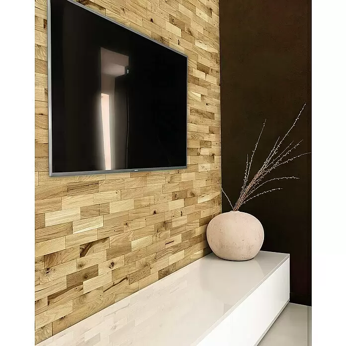 Wodewa Holzriemchen 200 Eiche rustikal - 100 Stk., L x B: 200 x 50 mm, 2 mm - 6 mm, Max. Anwendungsfläche: 1 m², Strukturiert UV-geölt - Stimmungsaufnahme