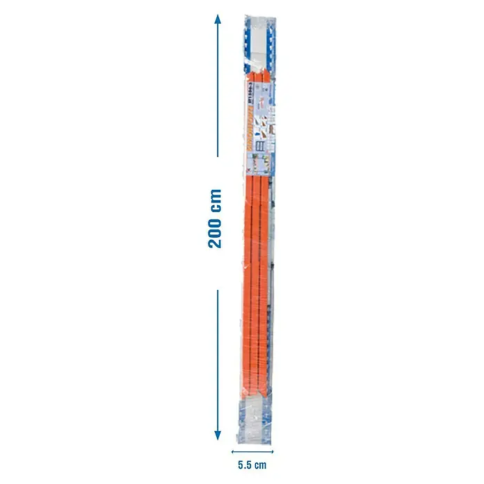 Simonrack Ecoforte Estantería para cargas pesadas Metal - Al x An x Pr: 200 x 180 x 60 cm, Número de baldas: 5 ud., Inserción, Azul/Naranja, Capacidad de carga por balda: 400 kg, Bandejas no incluidas - Imagen de un sistema de estanterías naranja empaquetado con indicaciones de dimensiones. El sistema de estanterías mide 200 cm de largo y 5,5 cm de ancho.