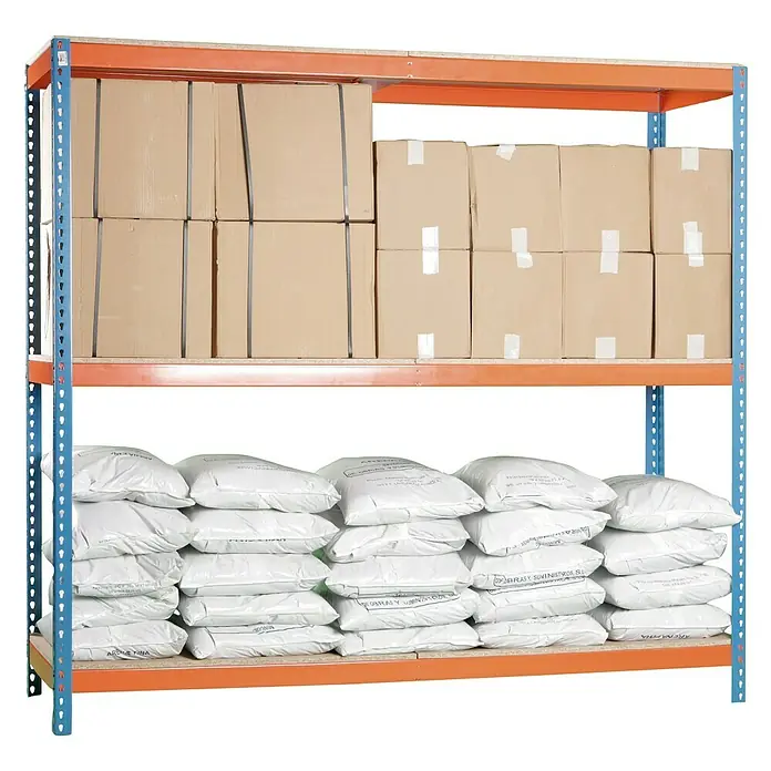Simonrack Simonforte Schwerlastregal Simonforte Chipboard - H x B x T: 200 x 240 x 60 cm, Traglast pro Boden: 400 kg, Anzahl Böden: 3 Stk., Stecken, Blau/Orange - Regale mit Kartons und Säcken, die ordentlich und organisiert gelagert werden, wodurch der Lagerraum optimal genutzt wird.