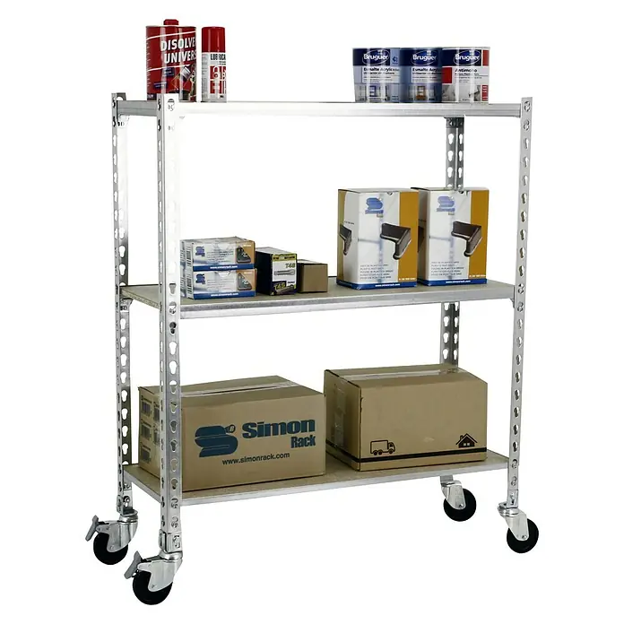 Simonrack Maderclick Estantería metálica Mobile Superplus - Al x An x Pr: 97,5 x 110 x 50 cm, Número de baldas: 3 ud., Inserción, Galvanizado - Carro de estanterías con tres niveles cargado con varios artículos como latas, cajas y botes de pintura.