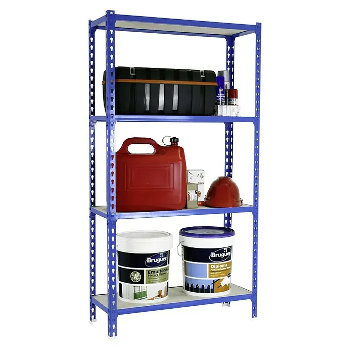 Simonrack Maderclick Metallregal Maderclick MegaPlus - H x B x T: 150 x 120 x 30 cm, Traglast pro Boden: 200 kg, Anzahl Böden: 4 Stk., Stecken, Blau - Ein blaues Metallregal mit einer Werkzeugkiste, Farben und anderen Werkzeugen. Die perfekte Aufbewahrungslösung für Ihre Werkstatt oder Garage.