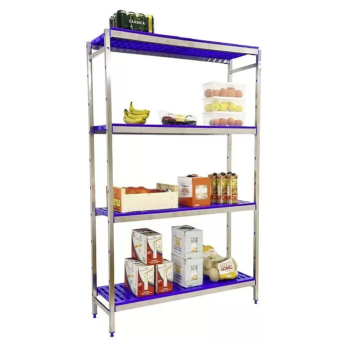 Simonrack Simoninox Metallregal Grundelement - H x B x T: 200 x 329 x 40 cm, Traglast pro Boden: 180 kg, Anzahl Böden: 4 Stk., Stecken, Material Boden: Kunststoff - Vierstufiges Metallregal mit lila Ablagen, bestückt mit verschiedenen Lebensmitteln und Getränken.