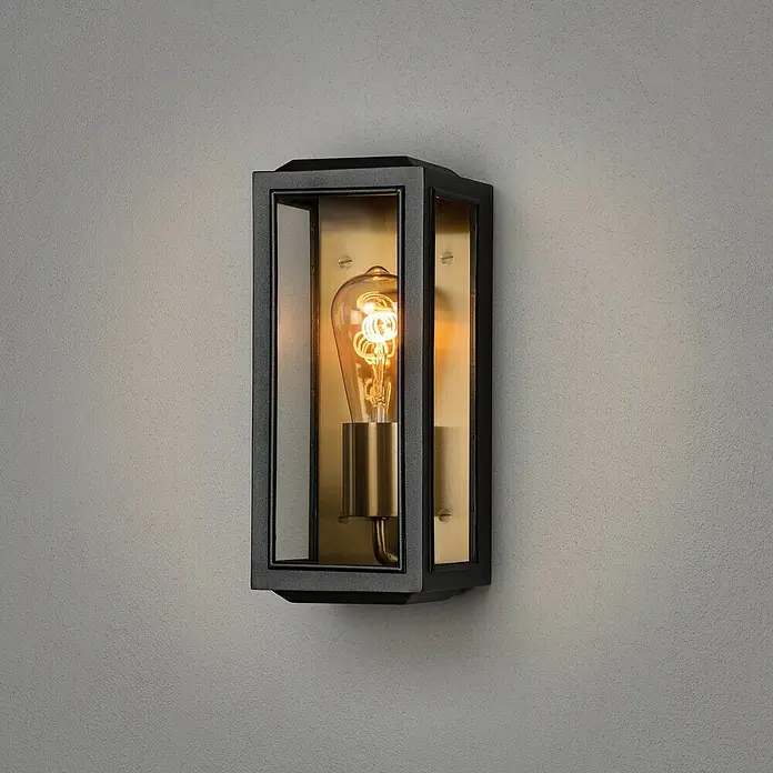 Konstsmide Außenwandleuchte Carpi - 60 W, 15 x 12,5 x 30 cm, Schwarz, Gold, IP44 - Elegante Wandleuchte in Schwarz und Gold. Das moderne Design mit einer Edison-Glühbirne verleiht jedem Raum einen Hauch von Stil und Wärme.