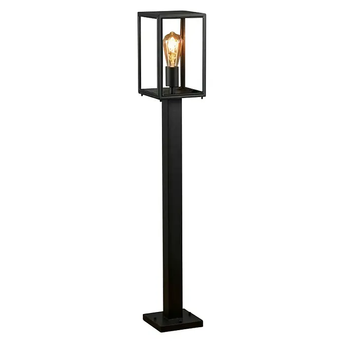 Konstsmide Außenwegeleuchte Carpi - 60 W, Farbe Gehäuse: Schwarz, 16 x 16 x 100 cm, Ohne Leuchtmittel - Elegante schwarze Außenleuchte mit würfelförmigem Design und warm leuchtender Glühbirne für stilvolle Gartenbeleuchtung.