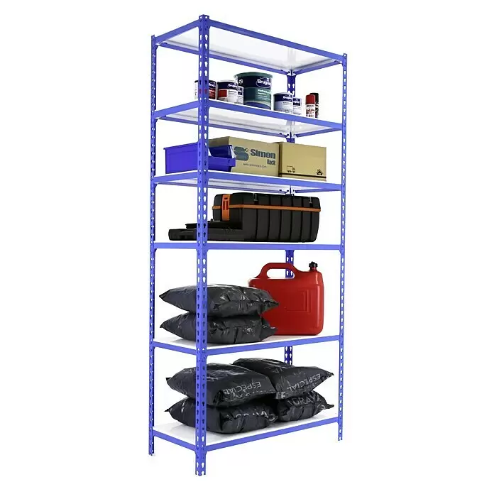 Simonrack Simonclick Metallregal Simonclick Super Plus - H x B x T: 250 x 110 x 40 cm, Traglast pro Boden: 200 kg, Anzahl Böden: 6 Stk., Stecken, Blau/Weiß - Blau-weißes Metallregal mit verschiedenen Gegenständen: Farbe, Werkzeuge und gelagerte Waren.
