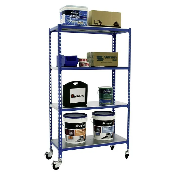 Simonrack Simonclick Estantería metálica Mobile Mini - Al x An x Pr: 157,5 x 80 x 40 cm, Número de baldas: 4 ud., Inserción, Azul - Imagen de un estante de almacenamiento azul que contiene varios contenedores de pintura Bruguer, cajas de cartón y contenedores de herramientas.
