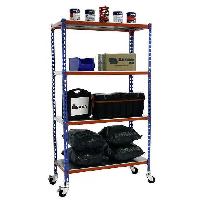 Simonrack Simonclick Estantería metálica Mobile Mini - Al x An x Pr: 157,5 x 80 x 30 cm, Número de baldas: 4 ud., Inserción, Azul/Naranja - Carro utilitario con cuatro estantes cargados con latas, caja de herramientas y bolsas. Ideal para taller y almacén.