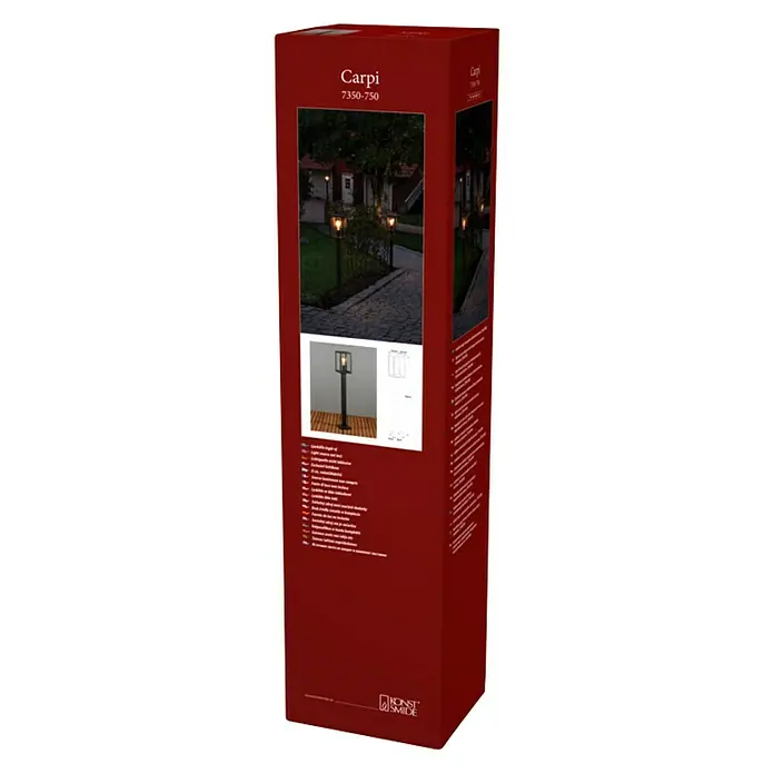 Konstsmide Außenwegeleuchte Carpi - 60 W, Farbe Gehäuse: Schwarz, 16 x 16 x 100 cm, Ohne Leuchtmittel - Produktverpackung für eine Carpi Gartenleuchte 7350-750 mit Bildern der Leuchte und technischen Details, auf einem schwarzen Hintergrund.