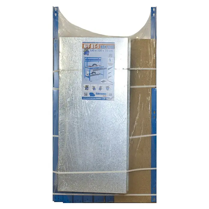 Simonrack Simonwork Werkbank BT1 Box 1500 - Breite: 151 cm, Verzinkt/Holz - Verpackte Werkbank KIT BT-1 BOX 1200 (150 x 120 x 75 cm) mit Metallelementen und Montageanleitung, sicher für den Transport verpackt.