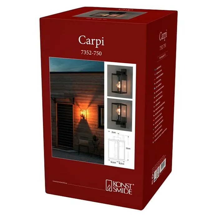 Konstsmide Außenwandleuchte Carpi - 21 x 16,5 x 33 cm, Schwarz, IP44 - Produktverpackung für eine Carpi 7352-750 Außenleuchte von Konstsmide. Die Box zeigt Bilder der Leuchte in verschiedenen Umgebungen.