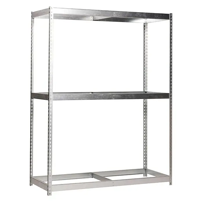 Simonrack Simonforte Estantería para cargas pesadas - Al x An x Pr: 200 x 180 x 45 cm, Número de baldas: 5 ud., Inserción, Galvanizado, Capacidad de carga por balda: 600 kg - Estantería plateada con tres estantes y un diseño minimalista, ideal para almacenamiento.